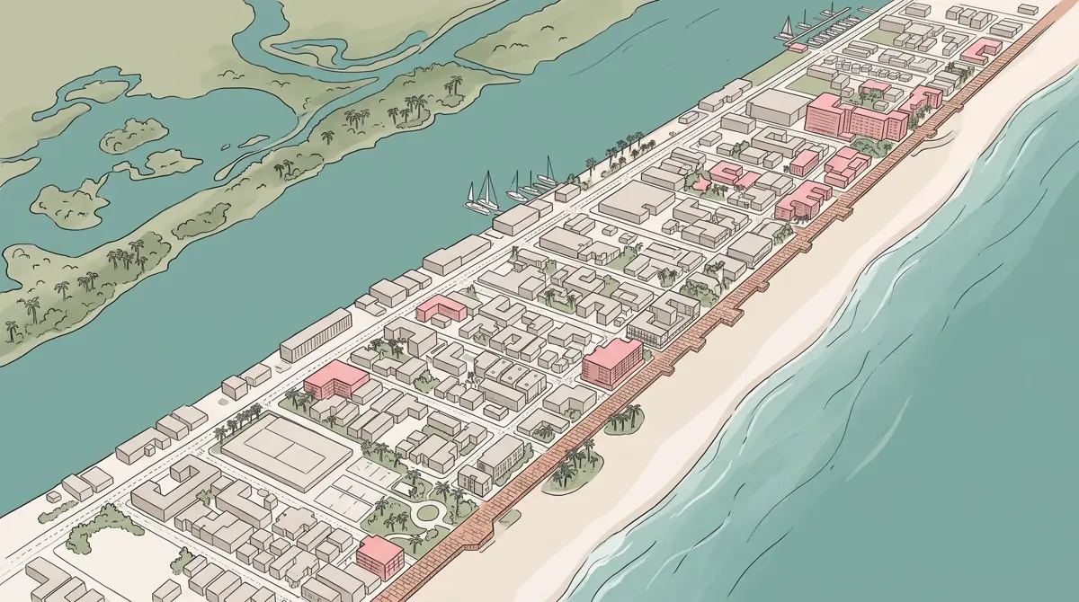 Custom-illustrated interactive property map with all 23 buildings